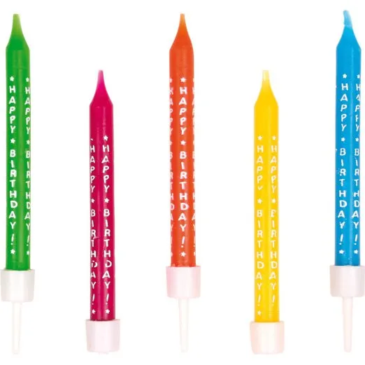 Happy Birthday Kaarsen Gekleurd 10 Stuks met Houder